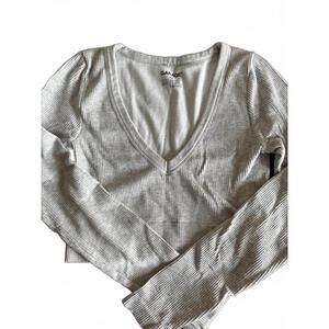 Garage Ribbed Light Grey V-Neck Cropped Long-Sleeve Top - Size Medium